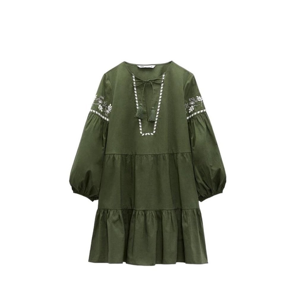 ZARA EMBROIDERED PANELLED DRESS KHAKI SIZE S | 7200/023